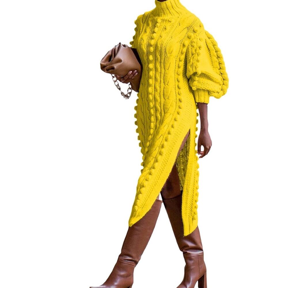 "LORAGAL" Knit Turtleneck Sweater Mustard Sz S Side Slits Bell Sleeve Millennial